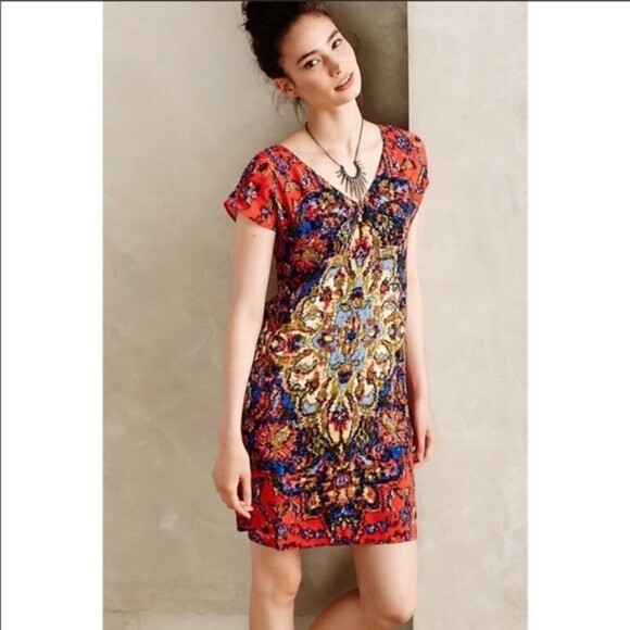 Maeve Mediallion red print dress by Anthropologie small petite floral - Picture 1 of 9